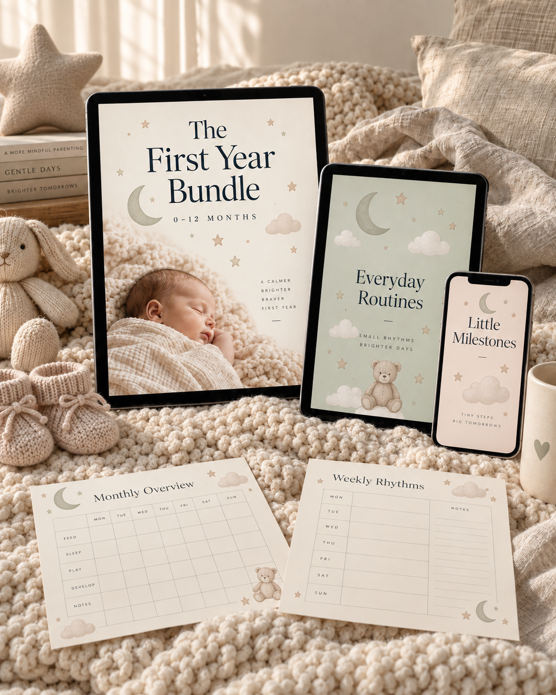 The First Year Bundle digital collection concept preview with guides and planning pages