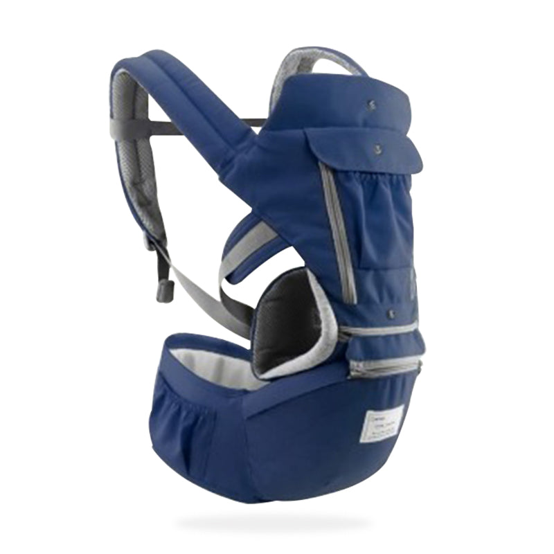 Navy baby carrier with full shoulder harness and hip seat