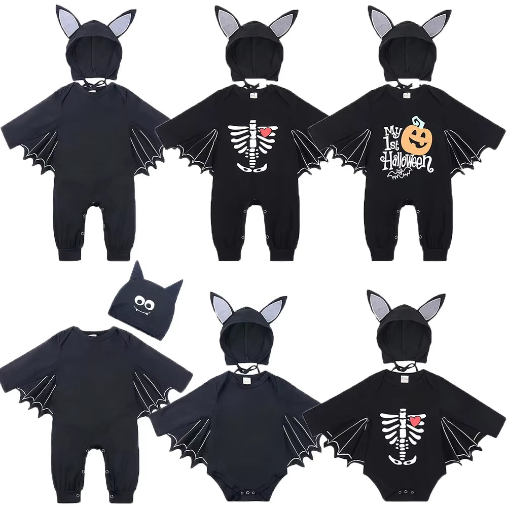 2Pcs/Set Unisex Black Bat Baby Costume Girls Boys My 1St Halloween Outfit Cotton 3-6M 6-9M 9-12M 12-18M