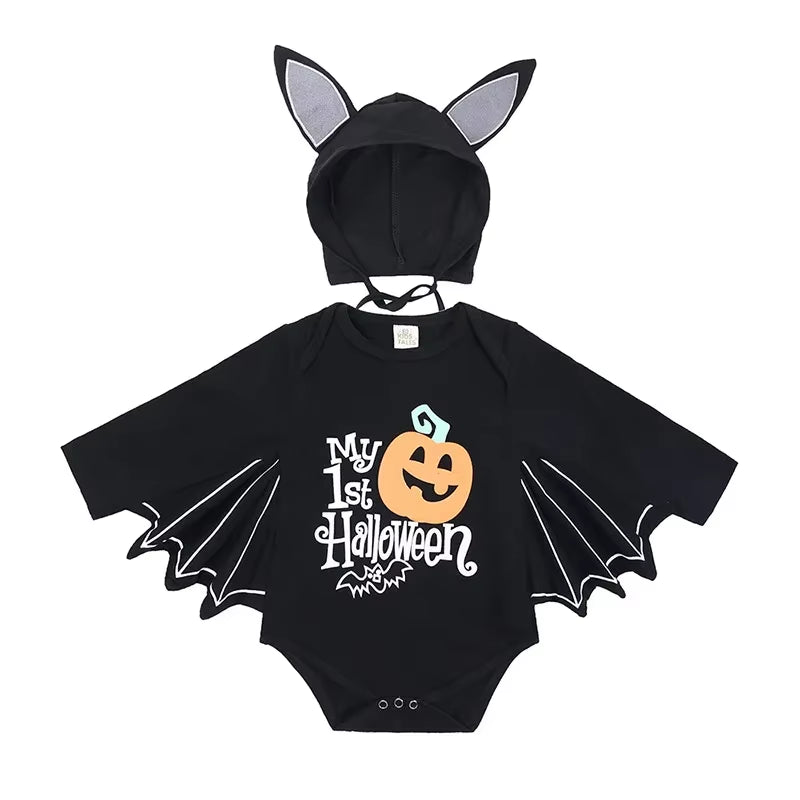 2Pcs/Set Unisex Black Bat Baby Costume Girls Boys My 1St Halloween Outfit Cotton 3-6M 6-9M 9-12M 12-18M